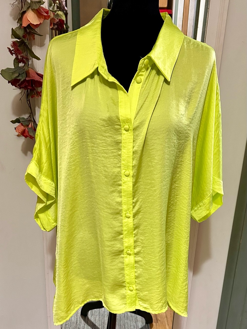 JODIFL Neon Lime Button-Down Blouse-Plus 1XL
